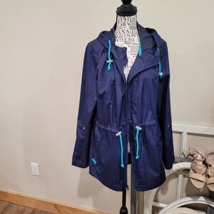 Weather Tamer Womens SZ Lg 12-14 Parka in a pocket Wind breaker w/hood blue EUC‎